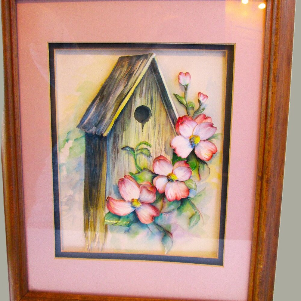 Vtg 3D Framed Matted  Birdhouse and 3D Dogwood Flowers Watercolor Art Print
